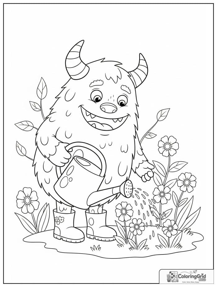 Smiling monster watering flowers in a garden