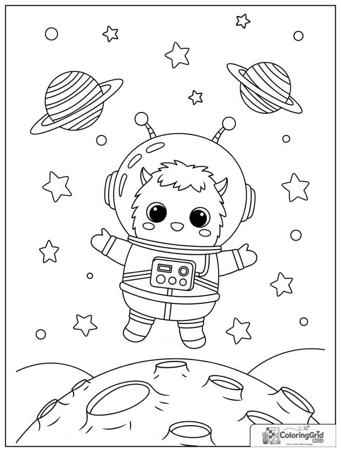Cute monster astronaut floating in space