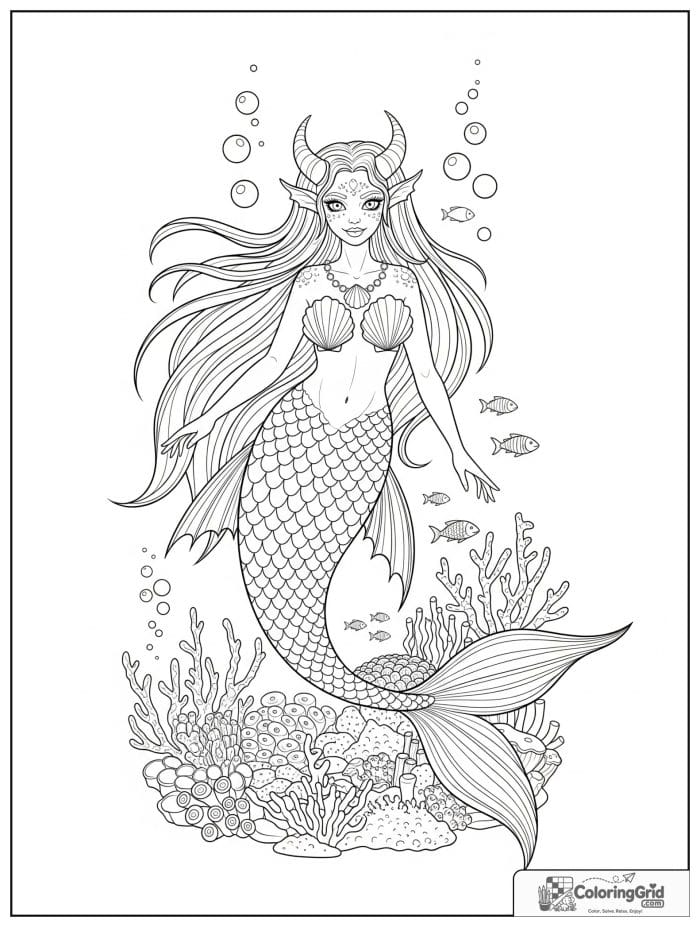 Monster mermaid swimming with fish and coral