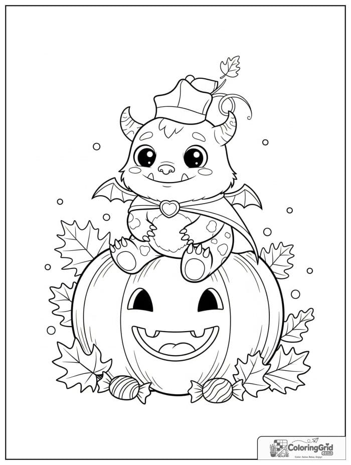 Friendly monster sitting on a pumpkin