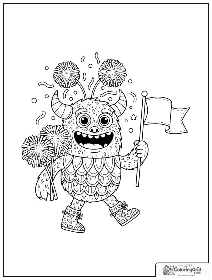 Joyful monster marching in a parade with a flag