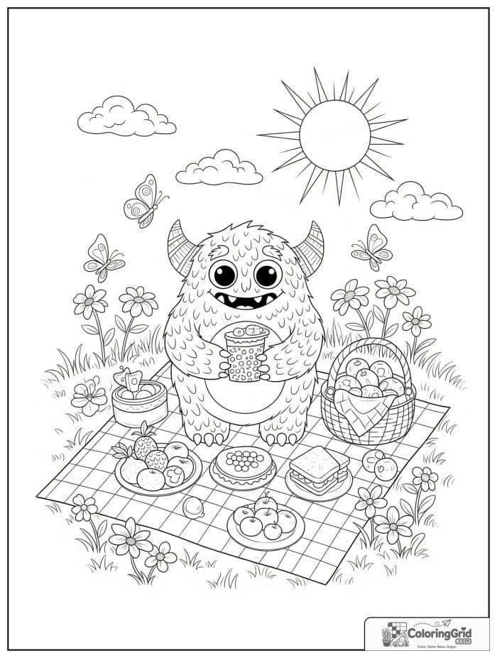Friendly monster enjoying a picnic outdoors