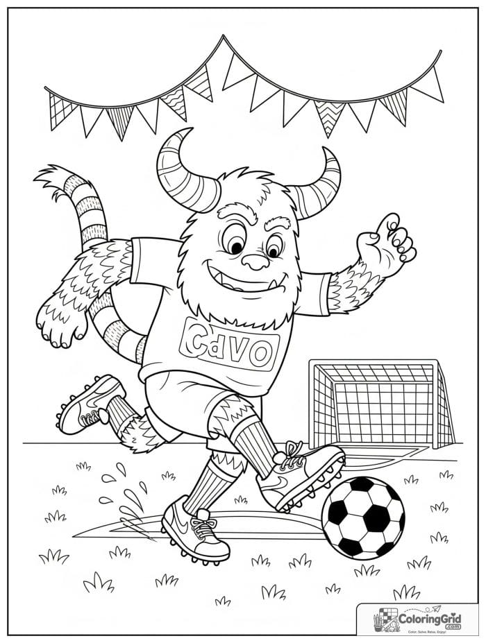 Energetic monster playing soccer on a field