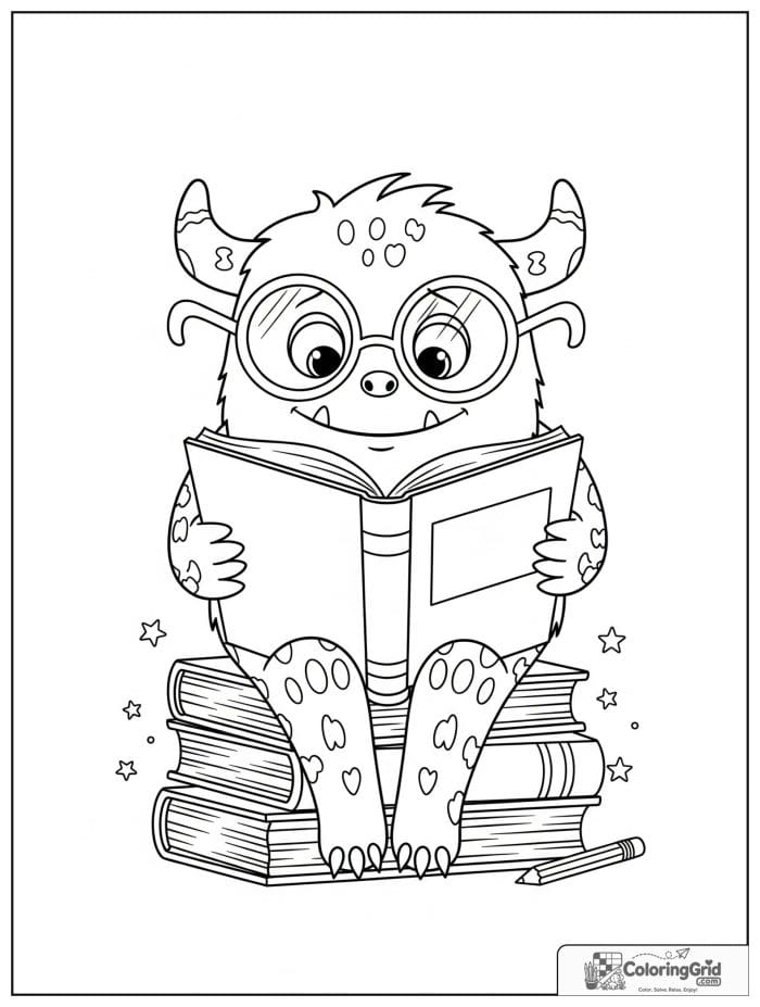 Monster reading a book on a stack of books