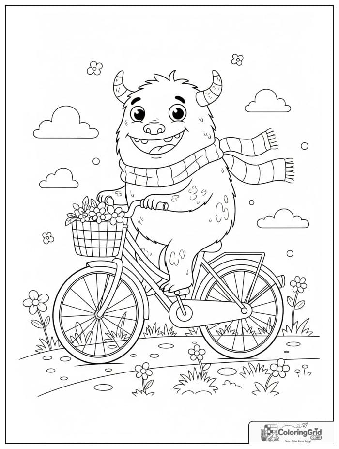 Happy monster riding a bicycle with a basket