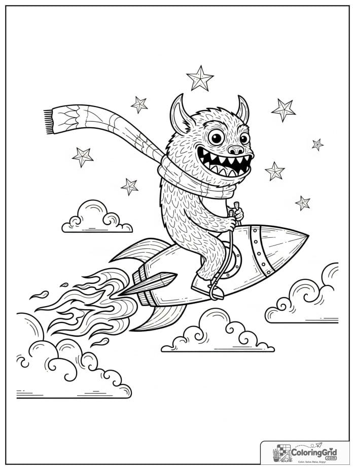 Grinning monster riding a rocket through the sky