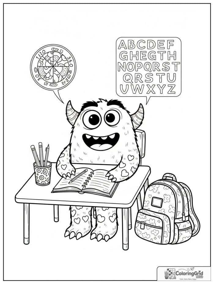 Monster sitting in a classroom at a desk