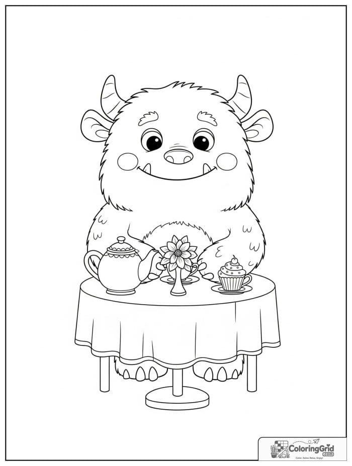 Monster having a tea party with cupcake and teapot