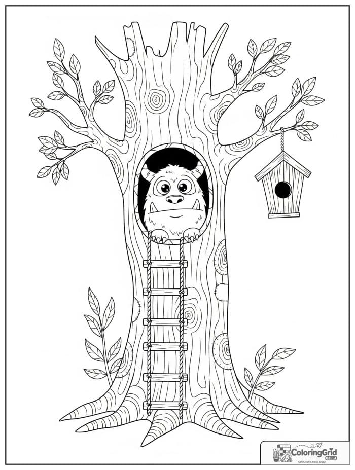 Curious monster in a treehouse
