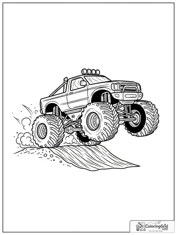 Truck coloring page featuring a monster truck jumping over a ramp.
