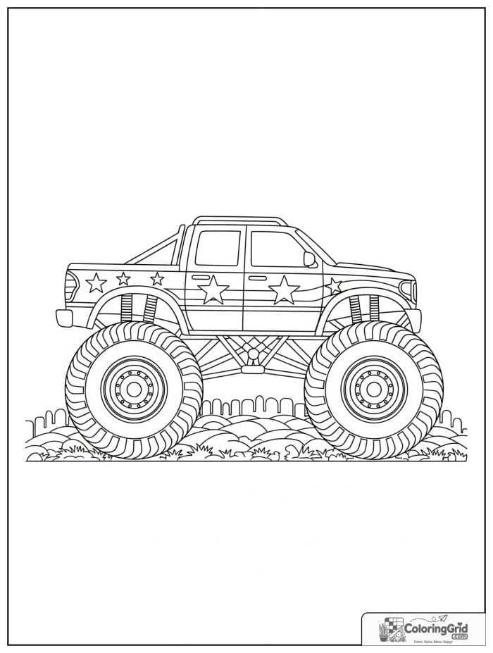 Truck coloring page featuring a side-view monster truck with stars.