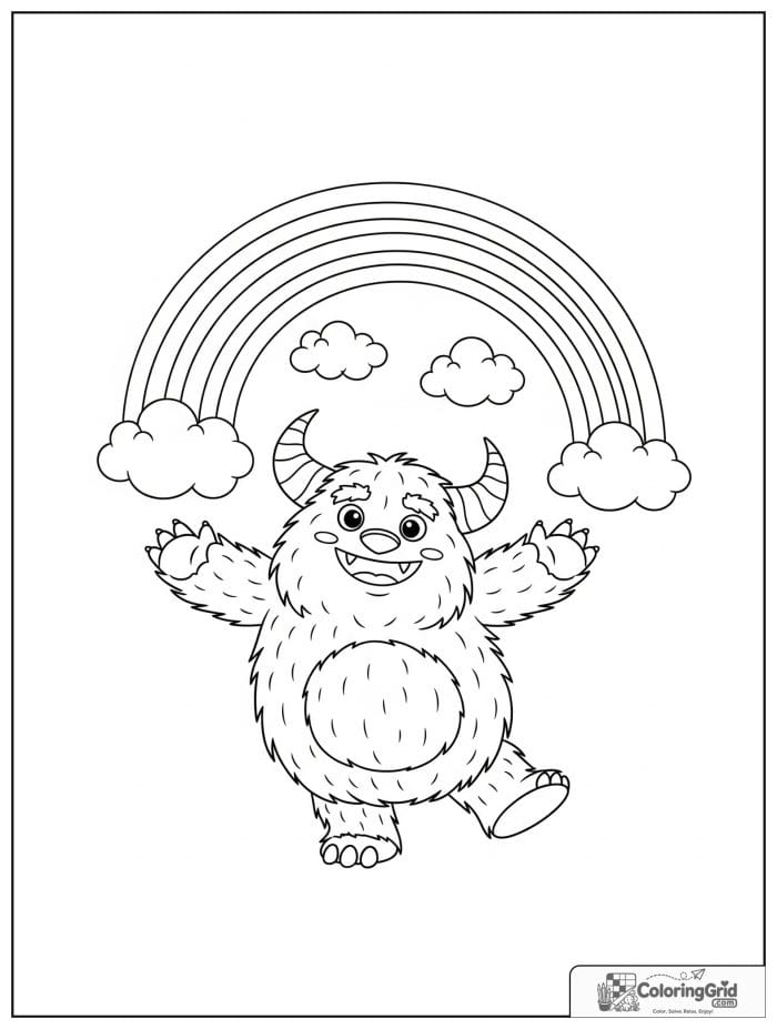 Happy monster dancing under a rainbow