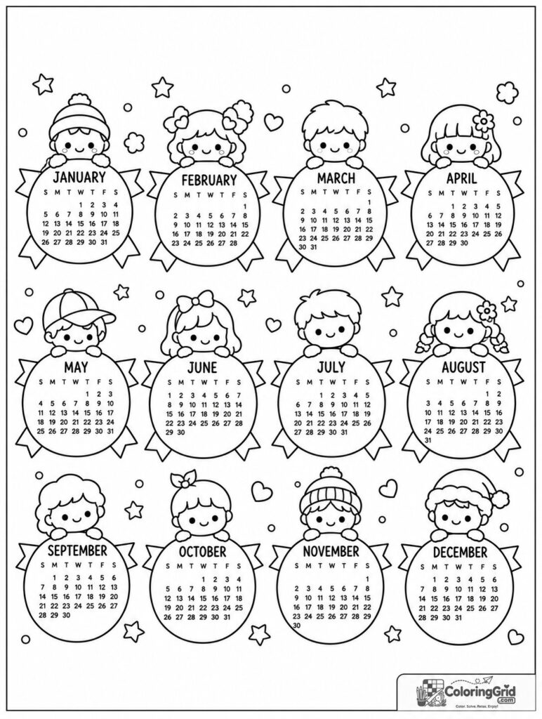 Cute months of the year garland border with tiny smiling icons.