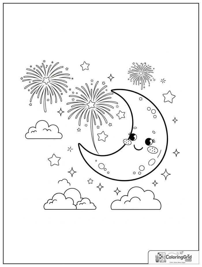 Smiling crescent moon with fireworks and stars.