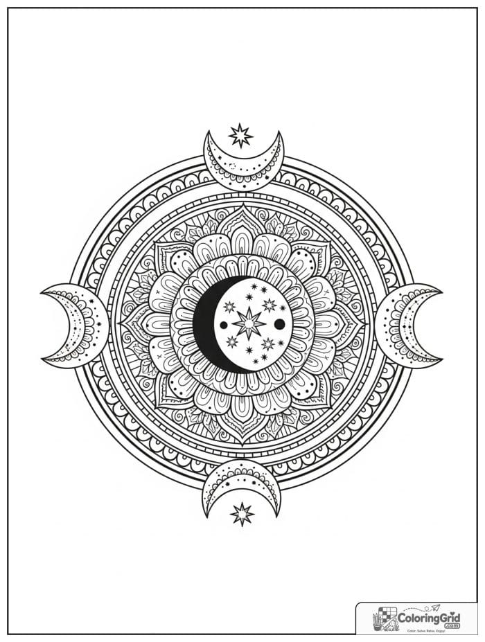 Mandala coloring page featuring moons and stars.