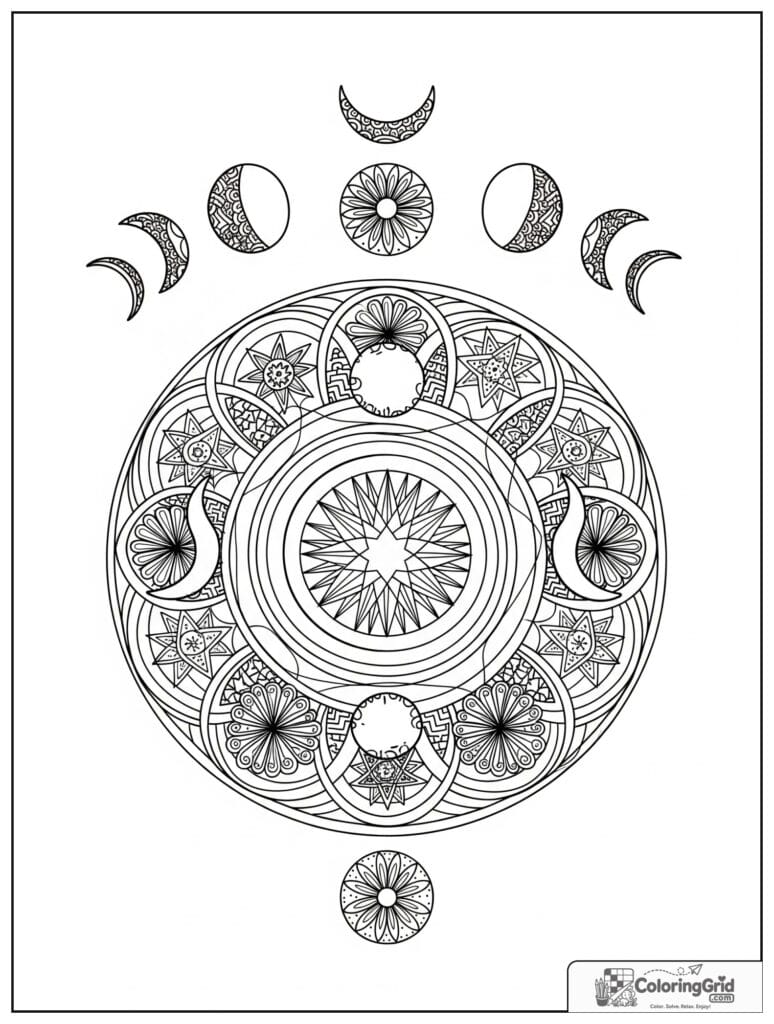 Moon phase sacred geometry mandala with zentangle star doodles