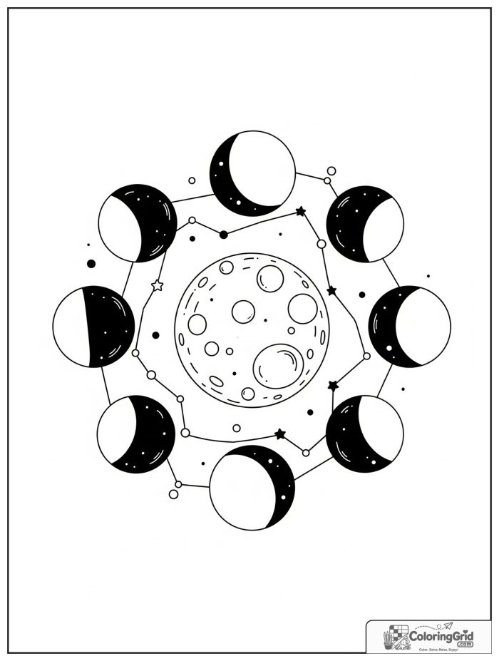 Relaxing moon phases mandala with stars and celestial rings.