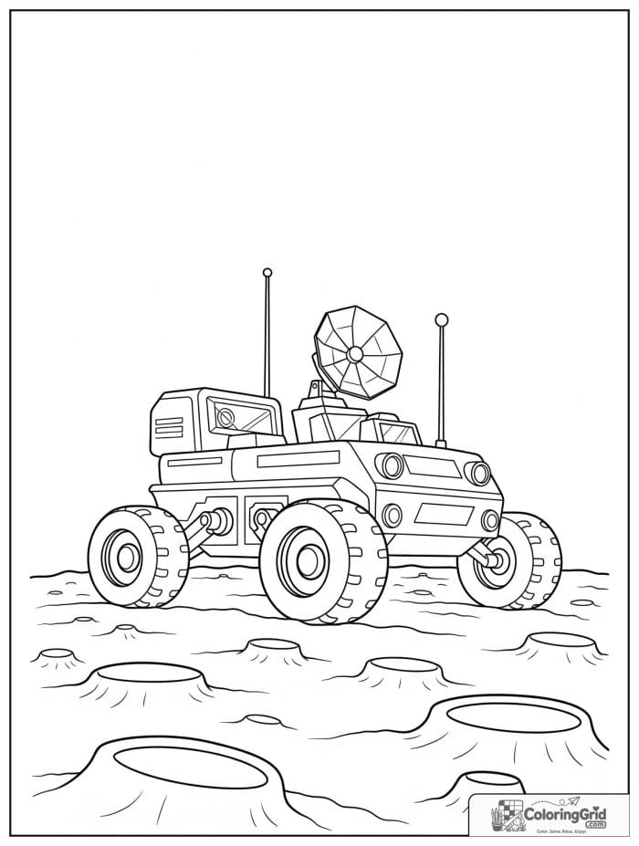 Moon rover driving on a cratered surface.