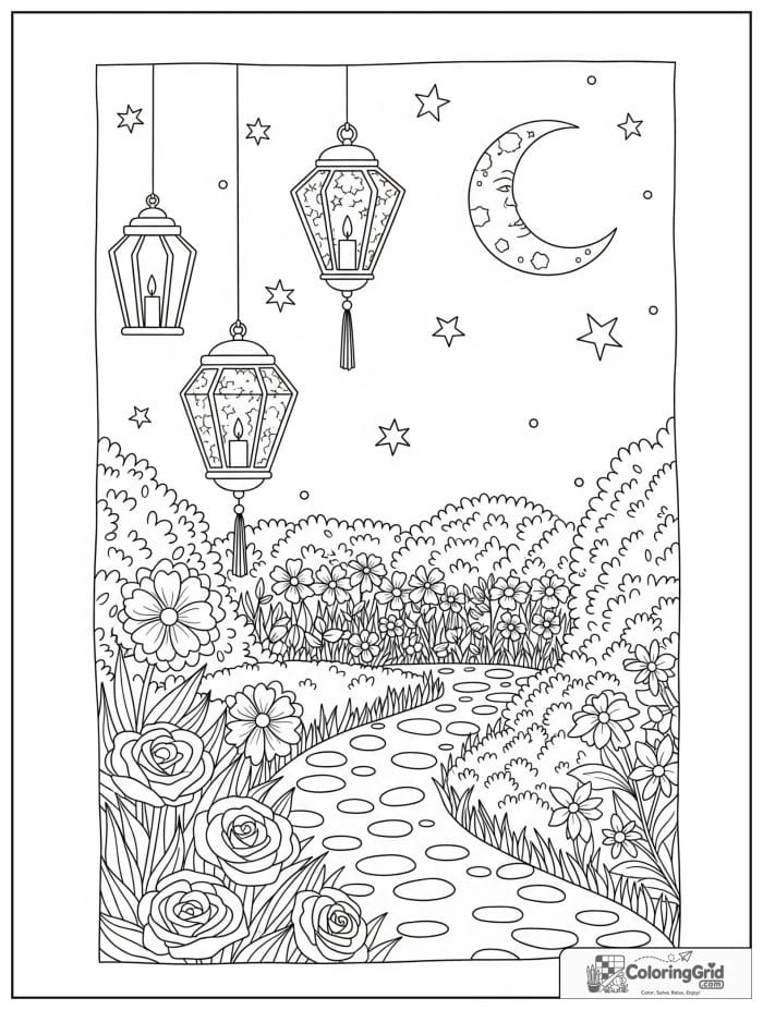 Garden coloring page featuring a moonlit garden with lanterns.