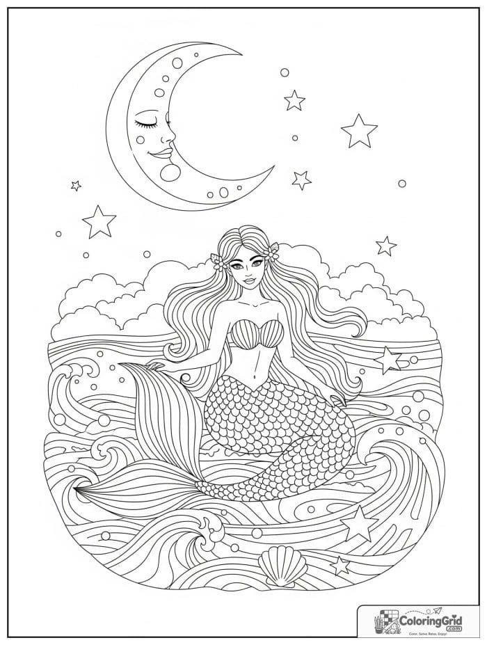 Mermaid coloring page featuring a mermaid in a moonlit lagoon.