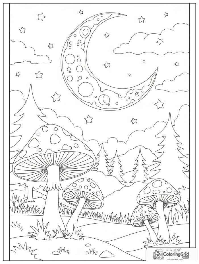 Moonlit mushroom scene in black and white