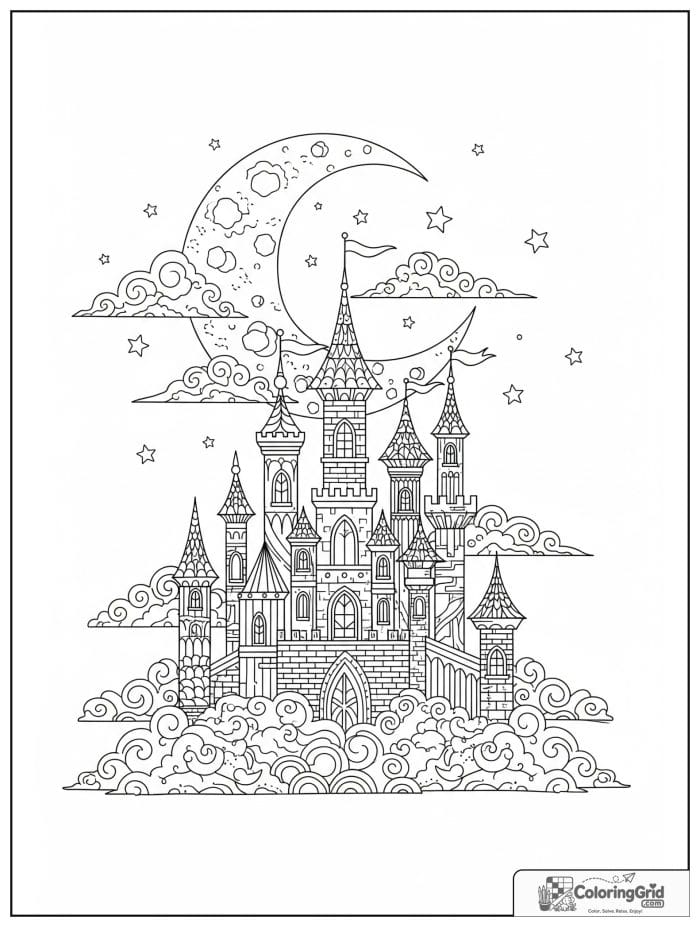Castle coloring page featuring a moonlit castle at night.