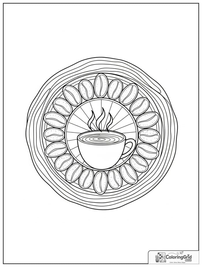 Morning coffee sunburst mandala with bean petals and wave rings.