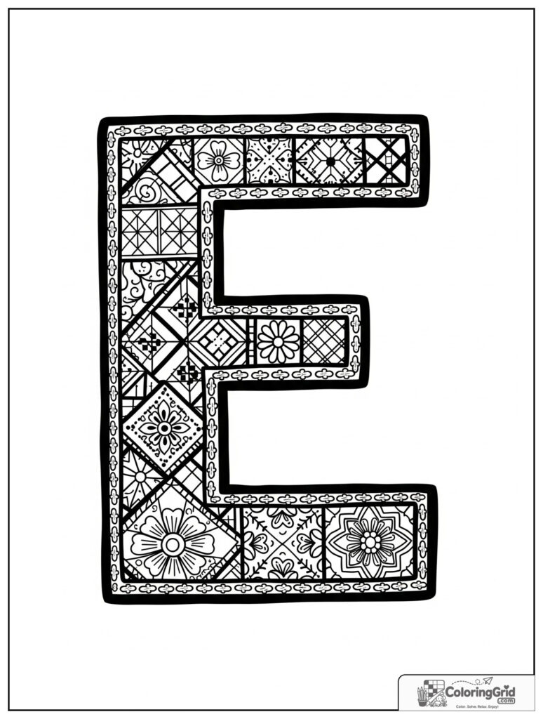 Mosaic letter E adult alphabet coloring design with tile patterns