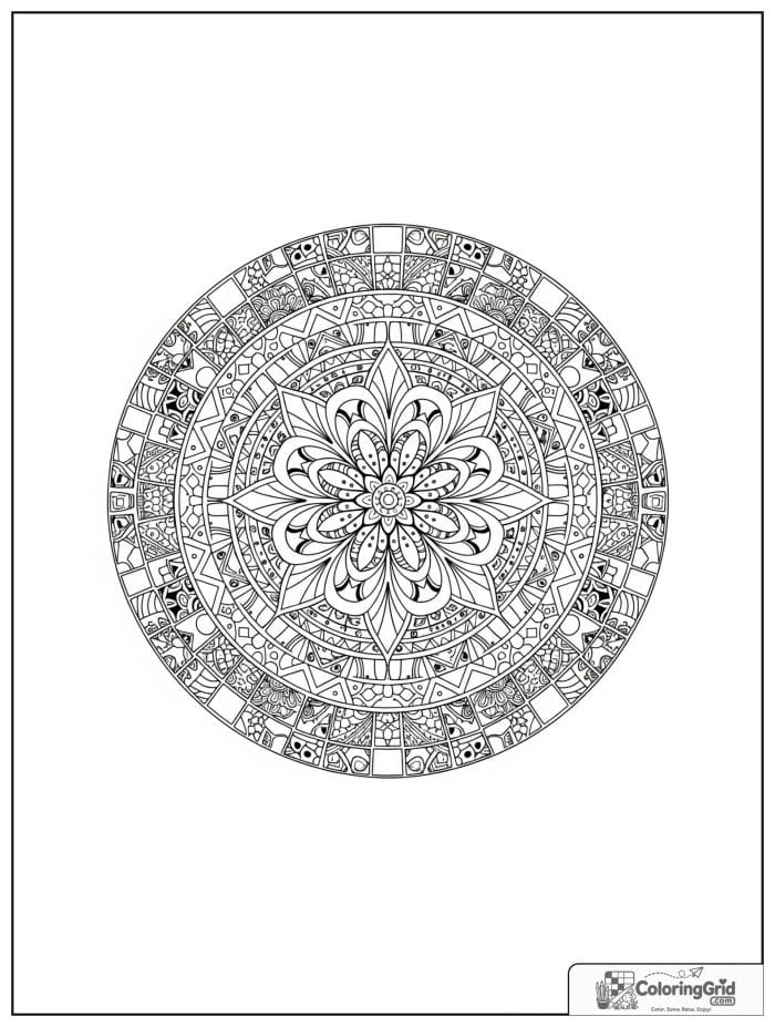 Mandala coloring page featuring a mosaic tile design.