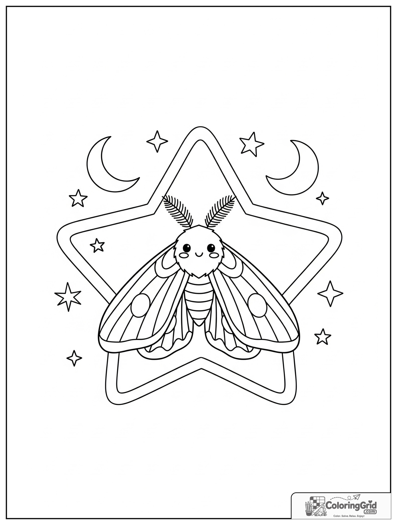 Cute moth in a star frame with small moon and star decorations.