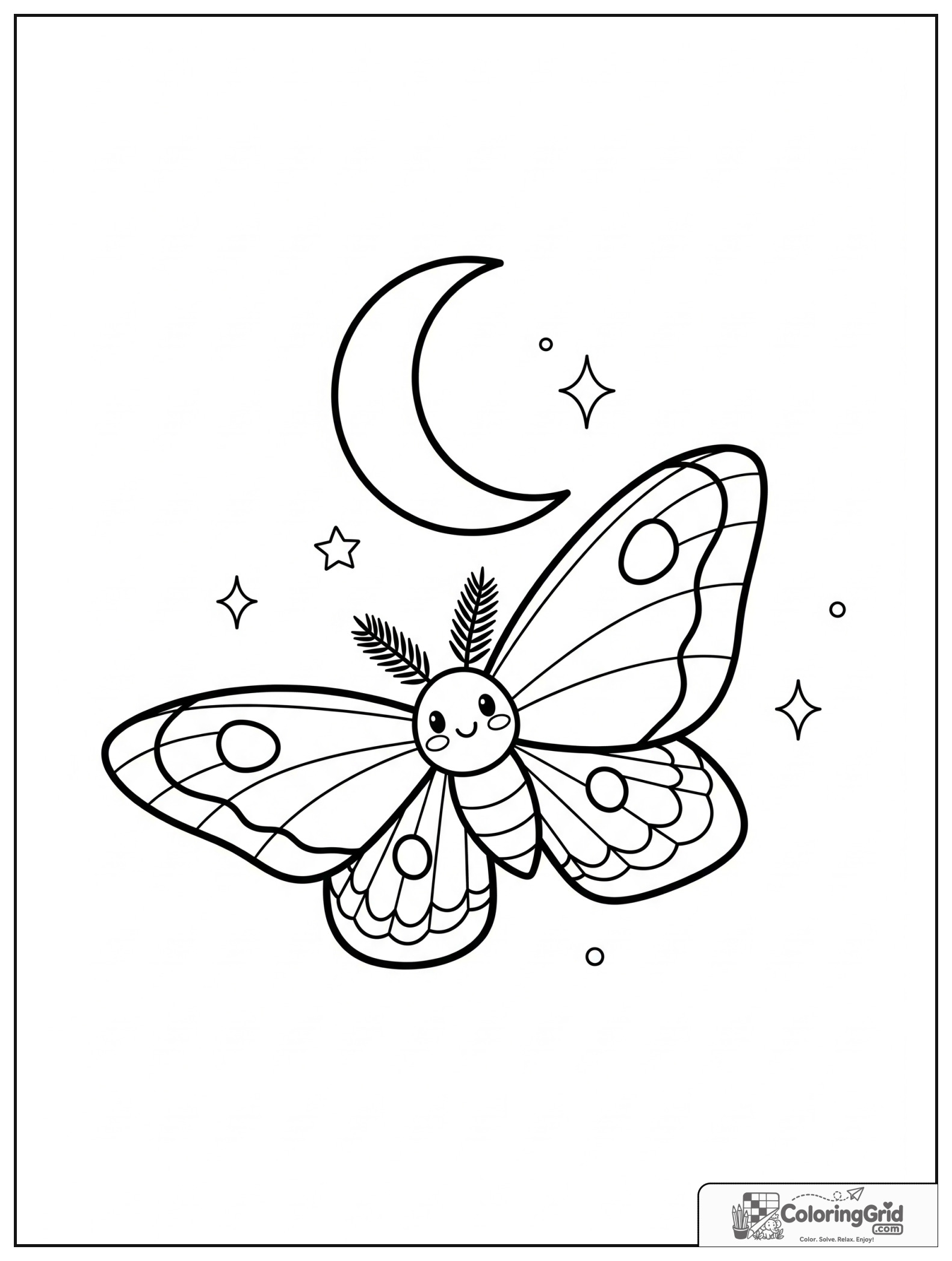 Cute moth with a moon and small star decorations.