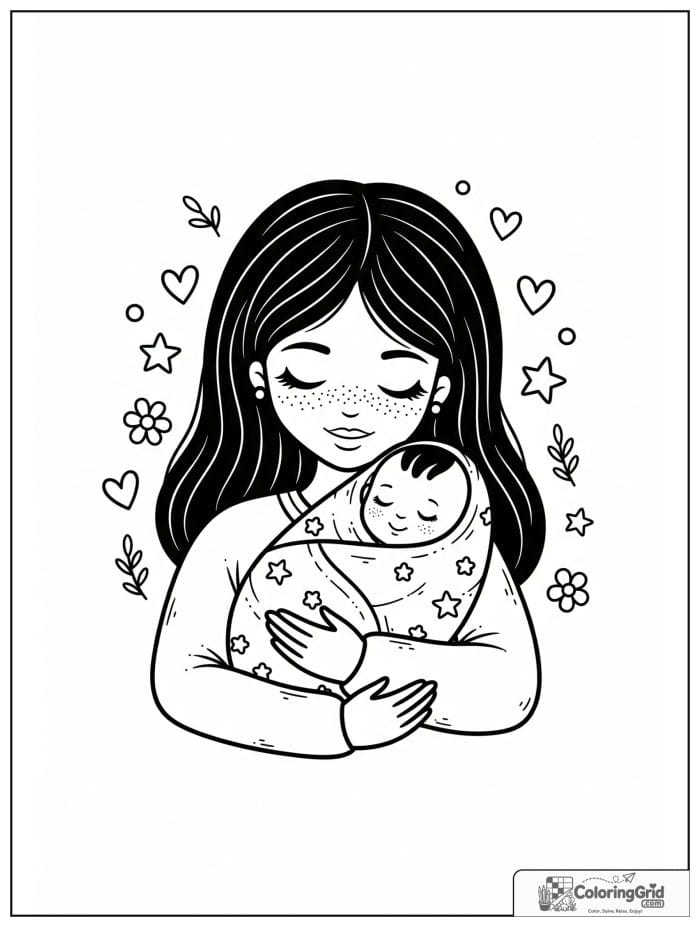 Mother holding a baby wrapped in a blanket.