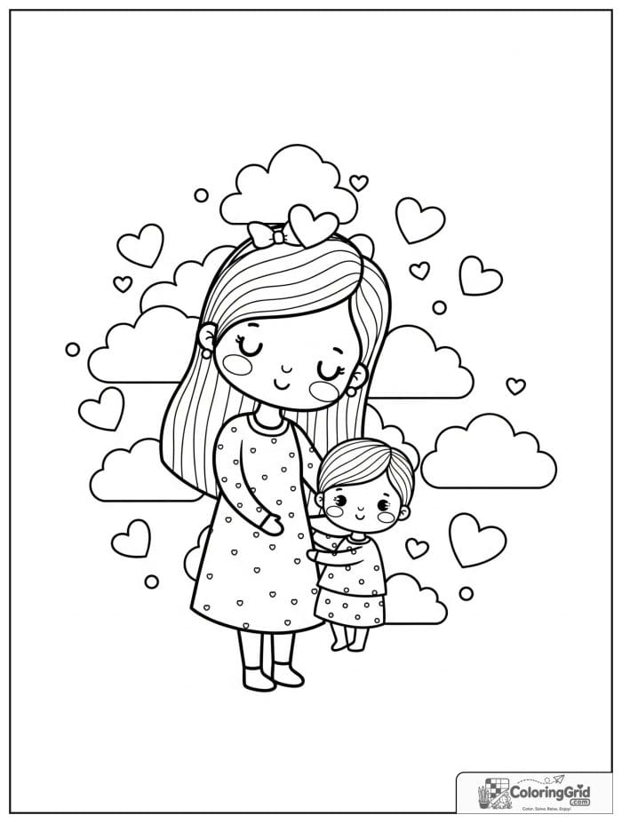 Mother and child in a dreamy cloud and heart scene.