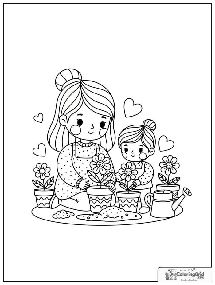 Mother and child planting flowers together.
