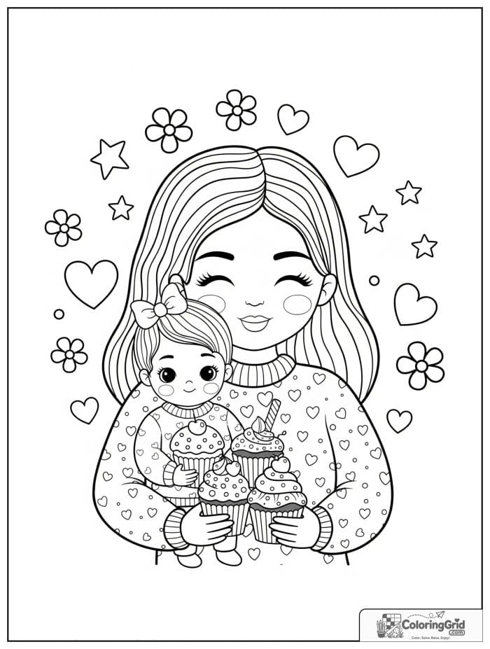 Mother and child holding decorated cupcakes.