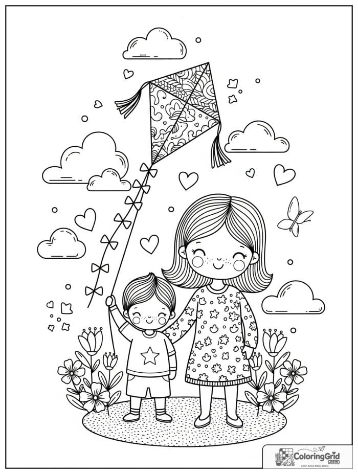 Mother and son holding a kite together.