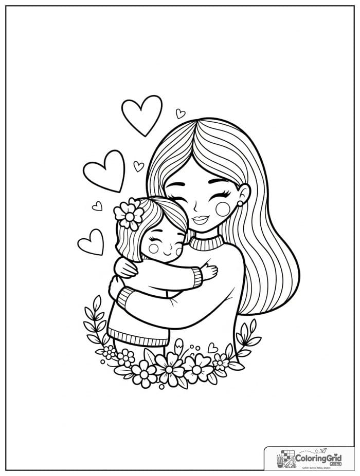 Mother hugging her child with hearts and flowers.