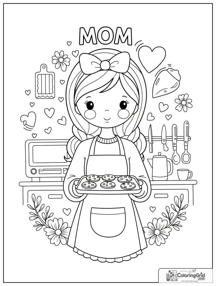 Mom wearing an apron and holding cookies.