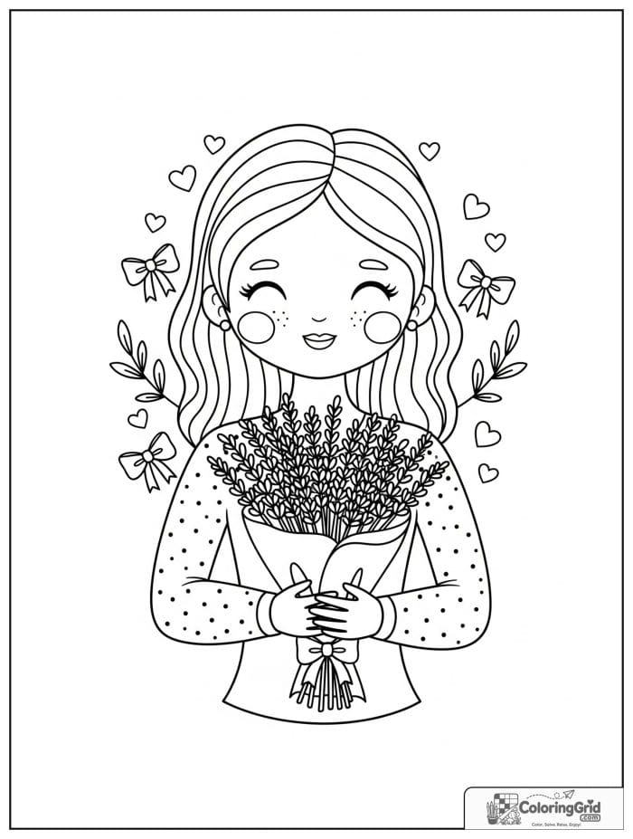 Mother holding a lavender bouquet.