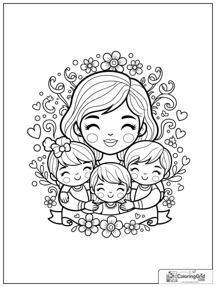 Mother with three smiling kids and flowers.
