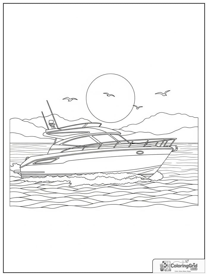Boat coloring page featuring a motorboat in a sunset scene.