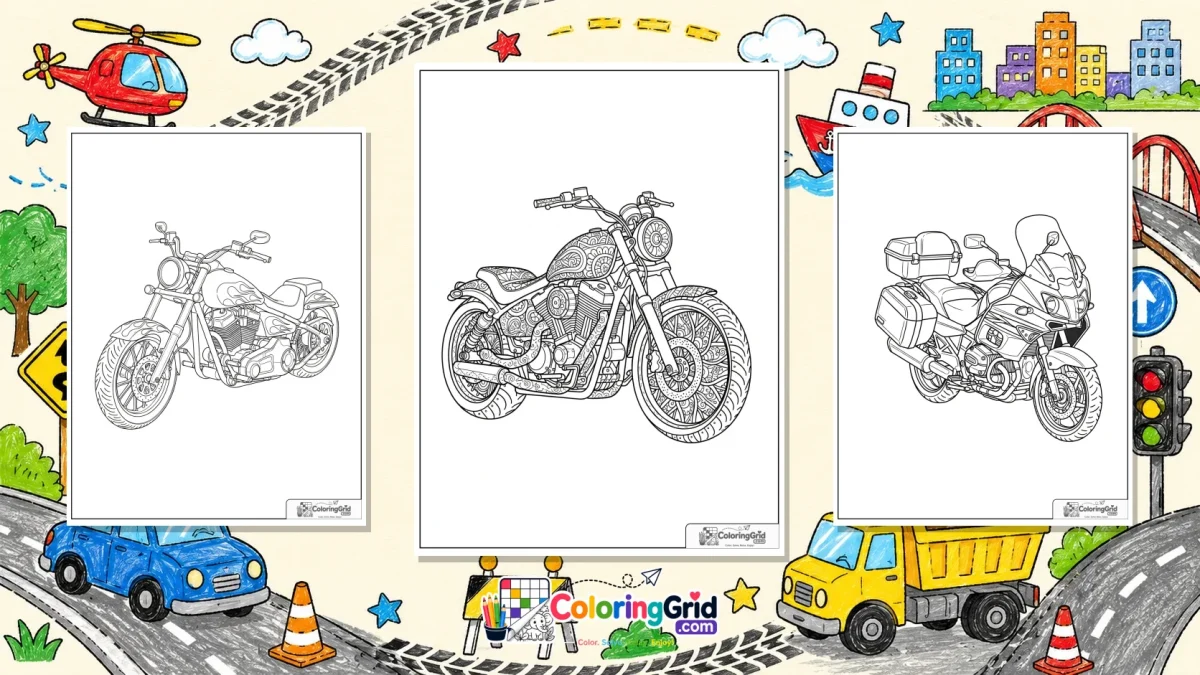 Motorcycle Coloring Pages featured illustration for Motorcycle Coloring Pages: Easy PDF and JPG Printables