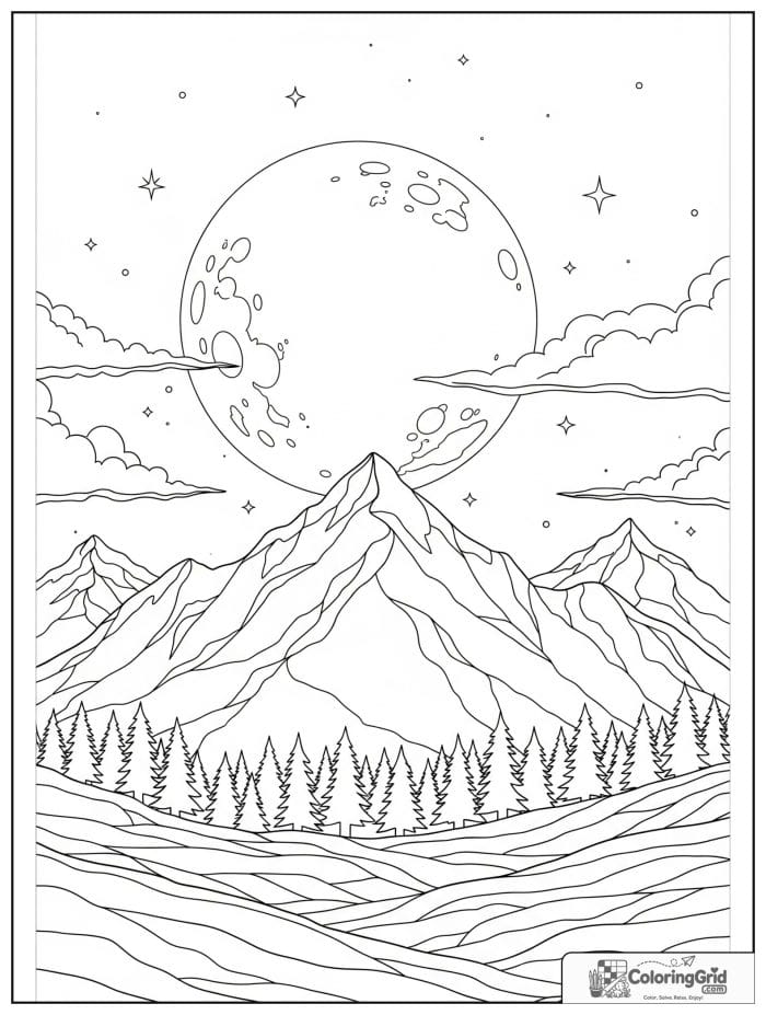 Mountain under full moon in black and white