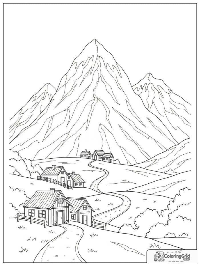 Mountain and village black and white illustration