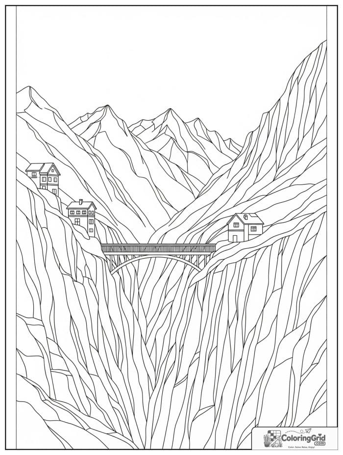 Mountain bridge over gorge black and white art