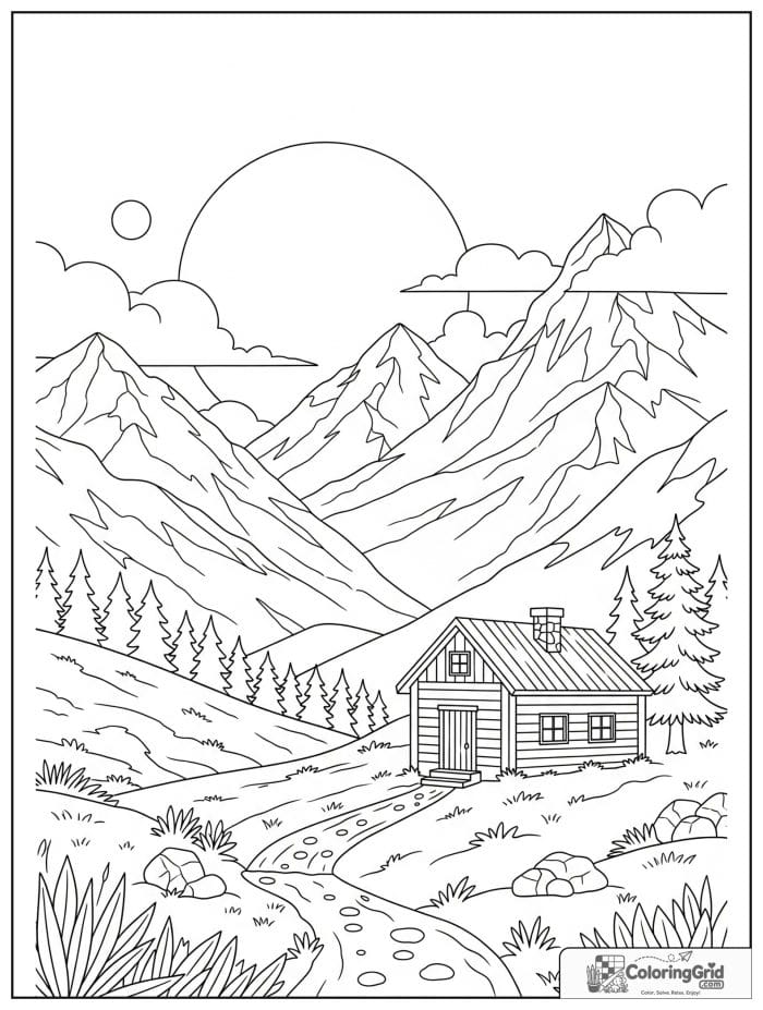 Mountain cabin in valley black and white illustration