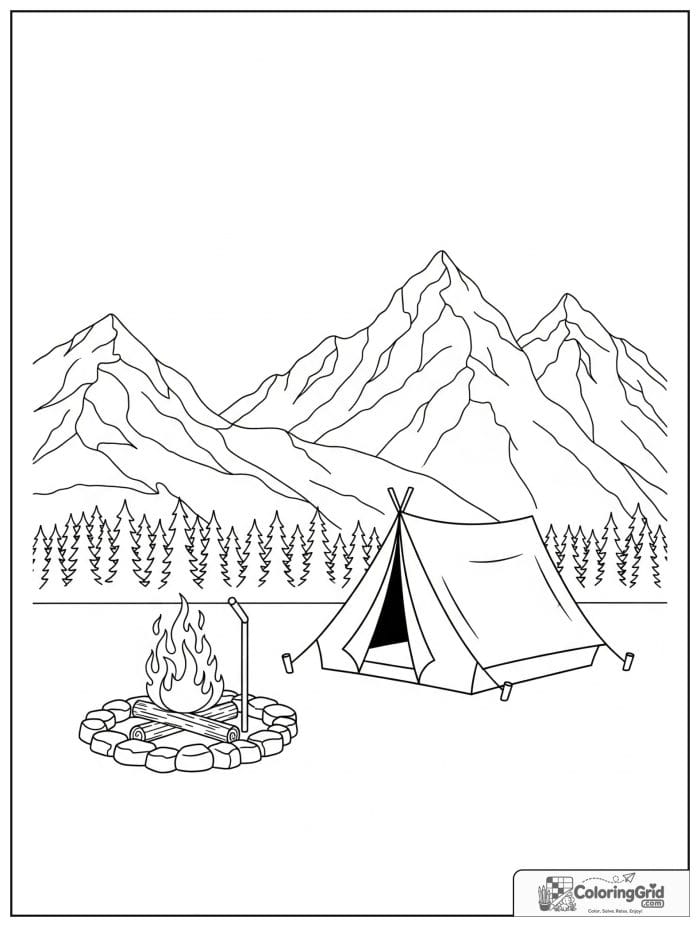 Mountain campsite black and white illustration
