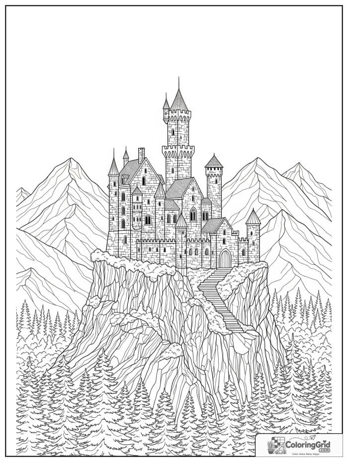 Castle coloring page featuring a castle on a mountain cliff.