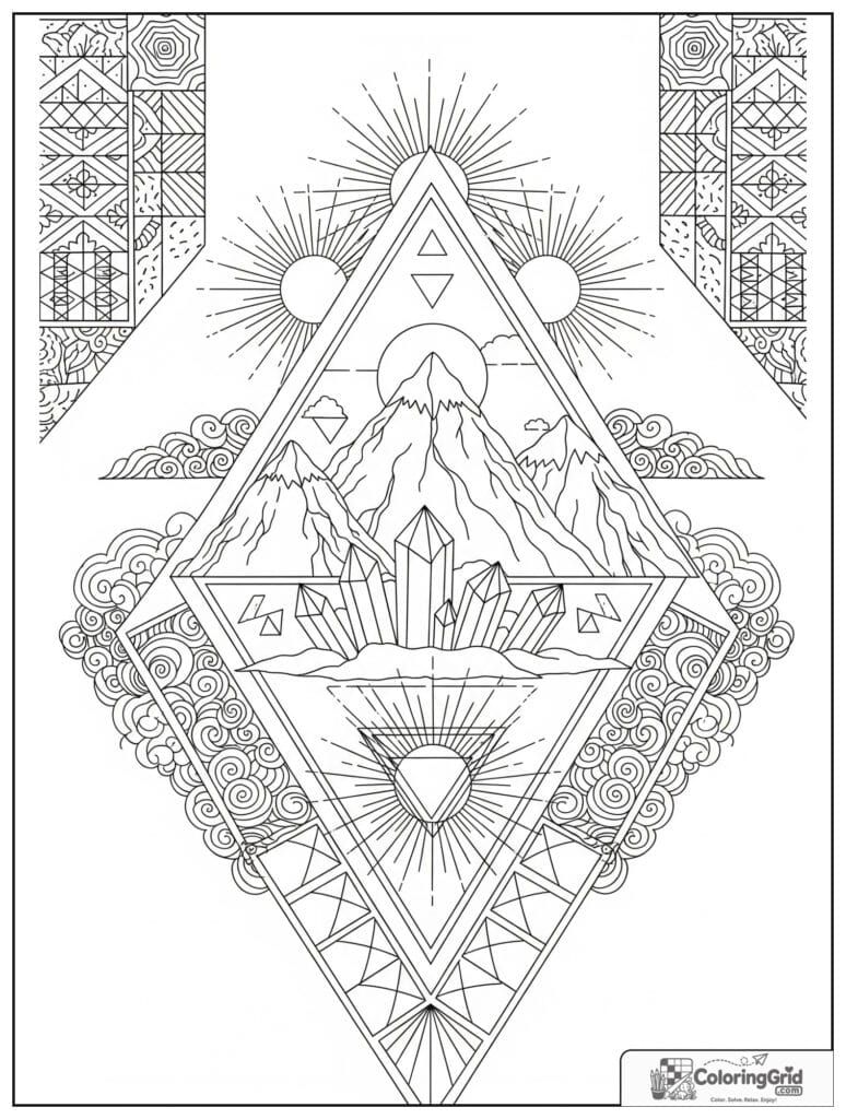Mountain crystal sacred geometry mandala with zentangle cloud doodles