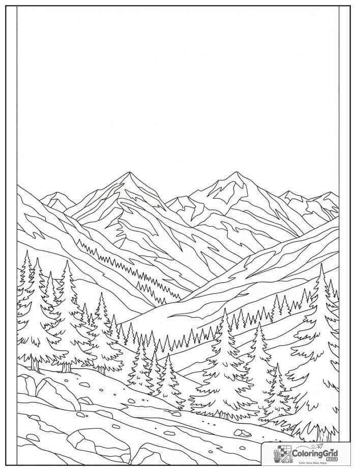 Mountain forest landscape black and white drawing